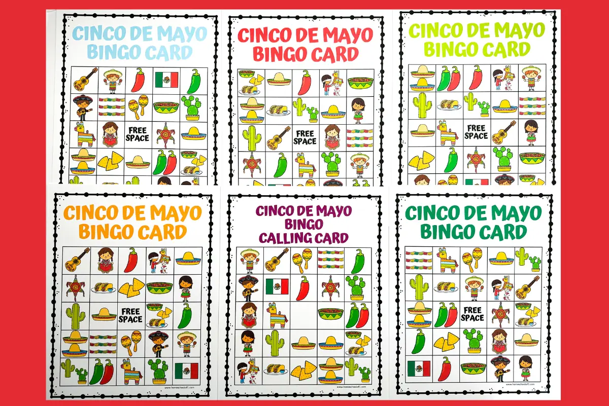 A collection of colorful 'Cinco de Mayo Bingo' cards and a calling card, each filled with vibrant illustrations of Mexican-themed items like sombreros, cacti, and Mexican food, with 'Free Space' marked in the center.