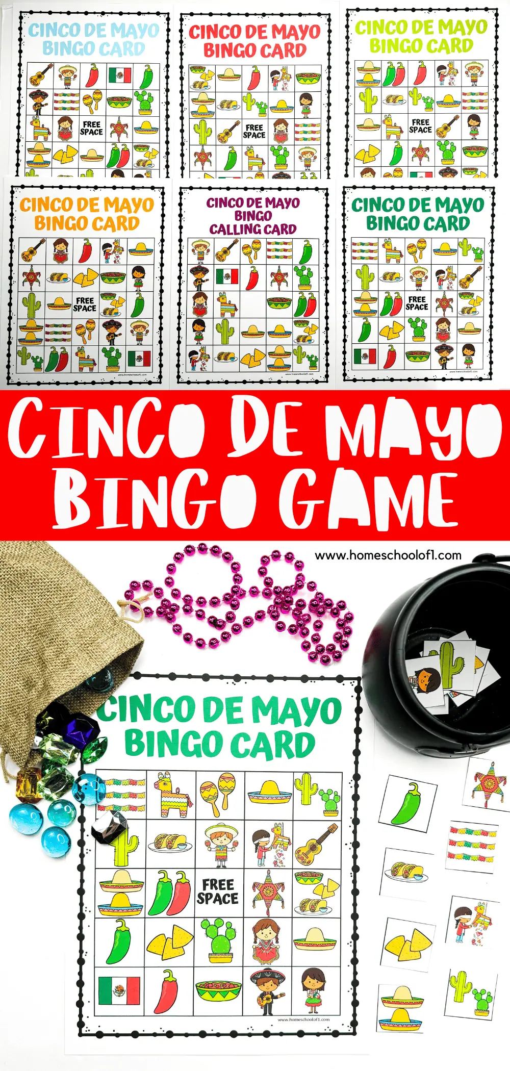 Assorted 'Cinco de Mayo Bingo Game' cards spread out with a variety of colorful Mexican-themed images, like a piñata, margarita glass, and guacamole, on a red background. Also includes a burlap sack filled with colorful game pieces and a black pot with bingo tokens.