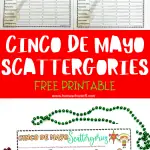 Printable Cinco de Mayo Scattergories sheets with festive graphics and lettered categories for a fun holiday-themed word game, alongside Mardi Gras beads and a red marker