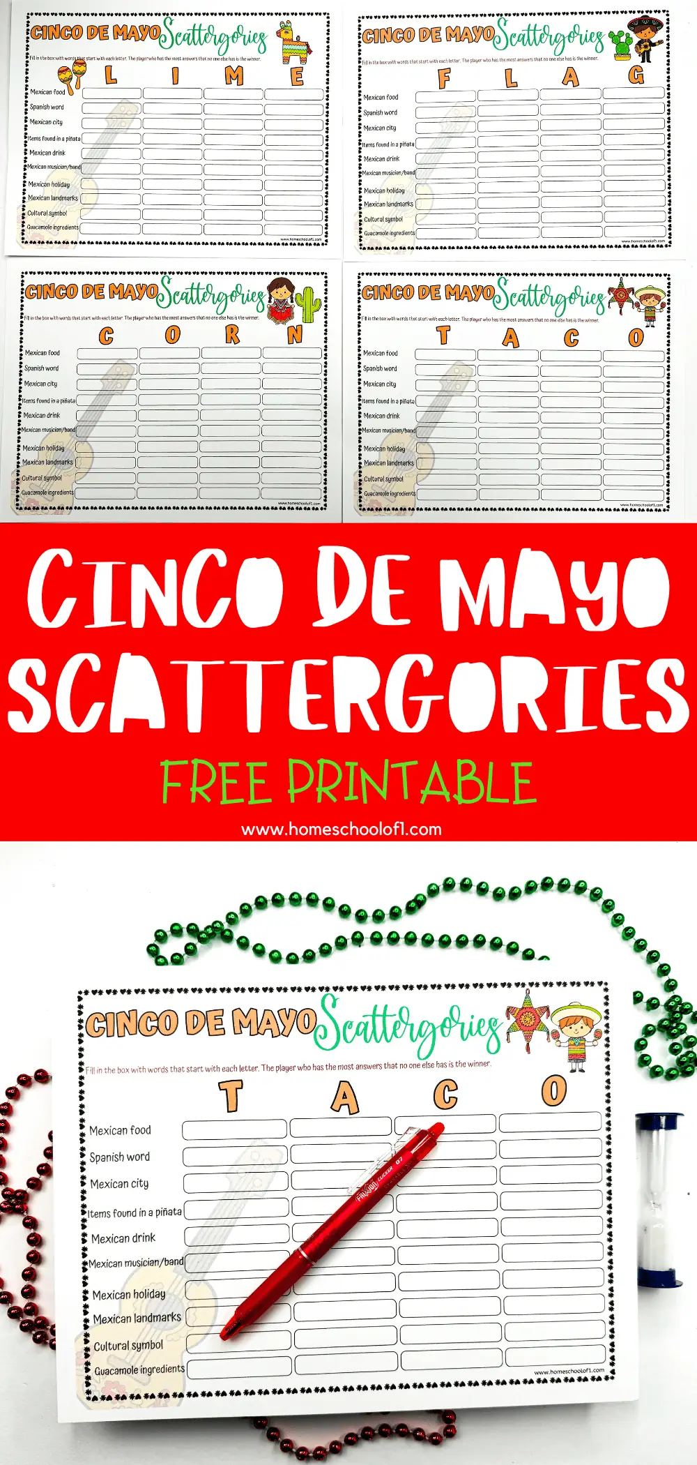 Printable Cinco de Mayo Scattergories sheets with festive graphics and lettered categories for a fun holiday-themed word game, alongside Mardi Gras beads and a red marker