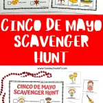 A 'Cinco de Mayo Scavenger Hunt' poster featuring various Mexican cultural symbols in a checklist format, with red beads scattered around. The image depicts the items and their names, such as 'Maracas Boy' and 'Girl Piñata,' on a black-and-white dashed border.