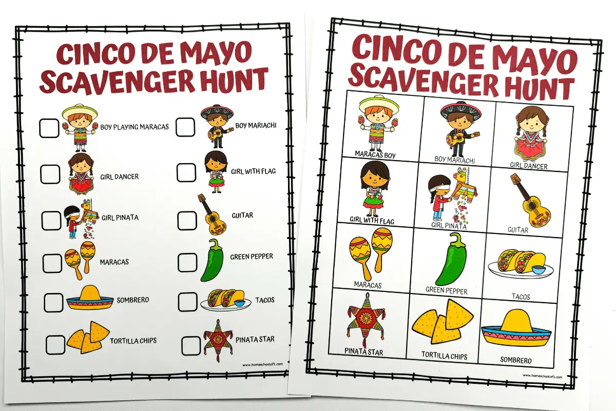 Cinco de Mayo Scavenger Hunt printable with illustrations of cultural icons like a boy playing maracas, mariachi, dancers, and traditional foods, designed for festive holiday activities.