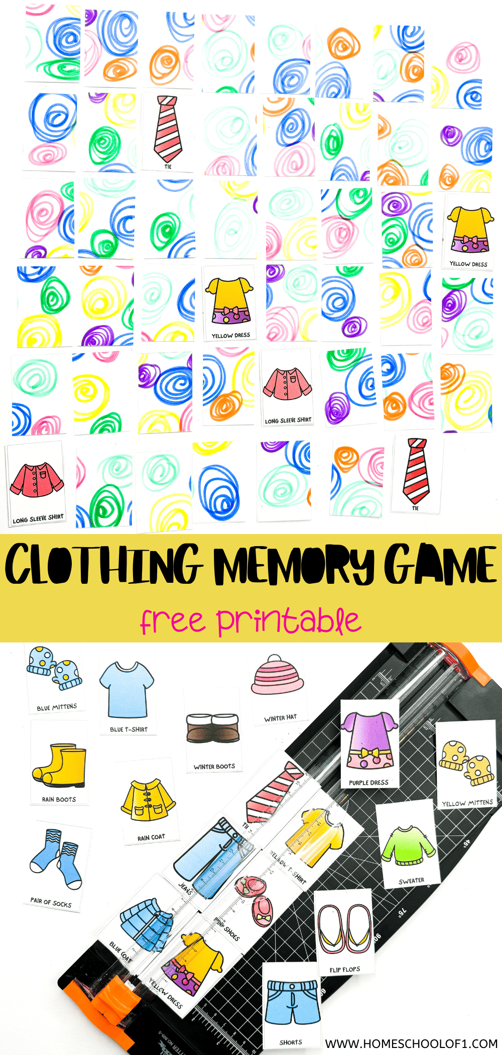 Creative process of assembling the 'Clothing Memory Game' shown with colored cards, a pair of scissors, and a paper cutter on a patterned surface. The game features vibrant illustrations of clothing items like a tie, yellow dress, and rain boots, with swirling colorful patterns on the flip side of the cards.