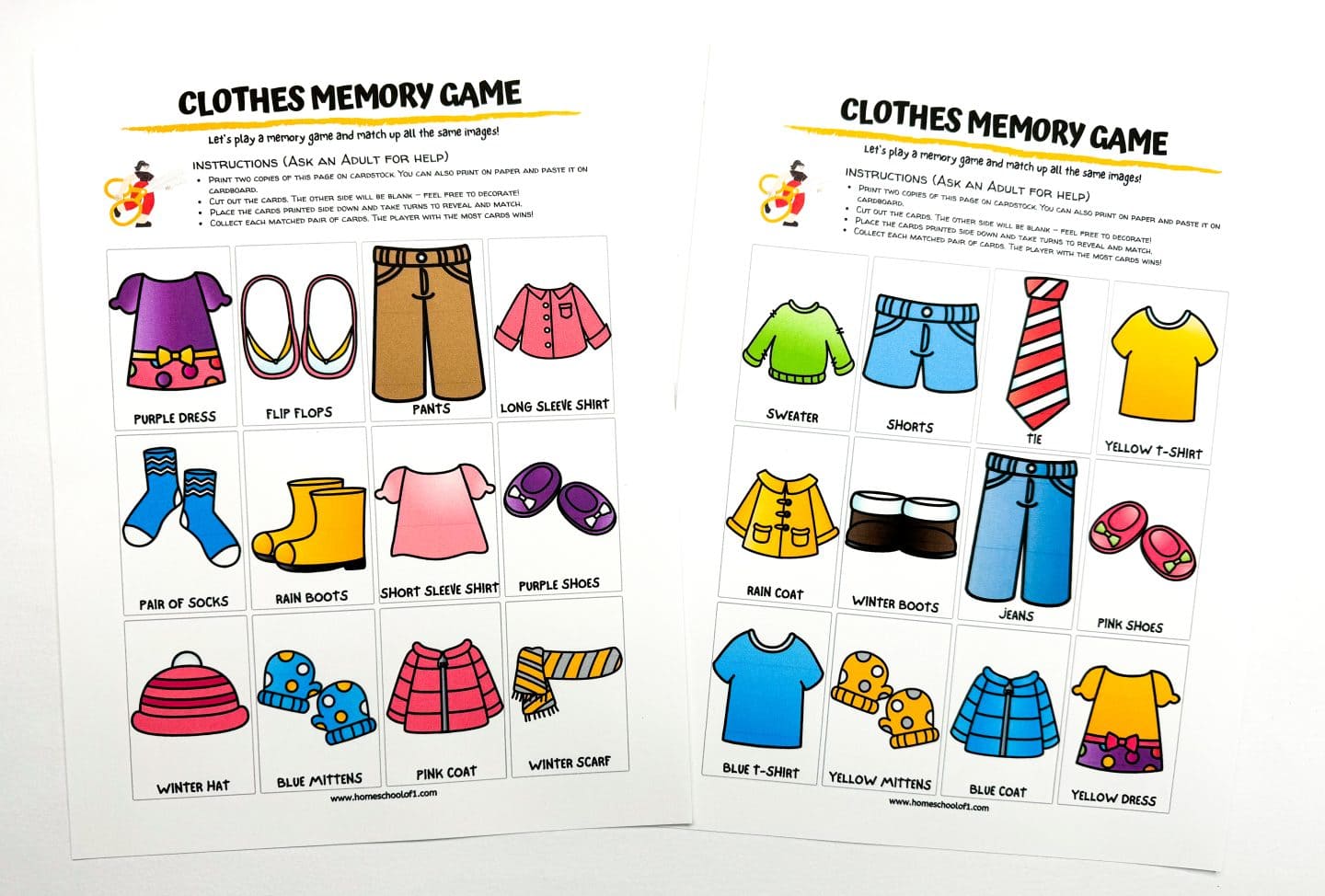 Printed sheet of the 'Clothes Memory Game' with illustrated cards of a purple dress, pants, flip flops, and other items, including game instructions