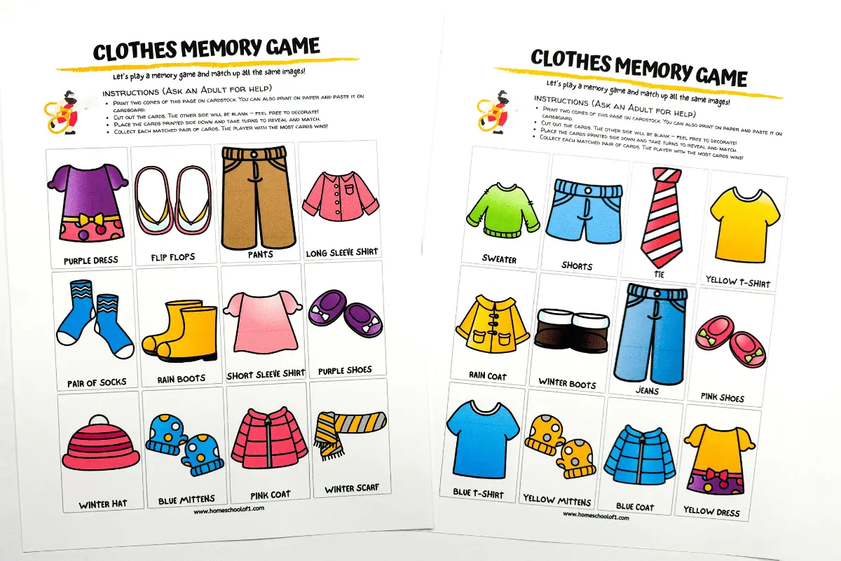 Printable 'Clothes Memory Game' featuring two sets of illustrated cards with clothing items, such as a purple dress, pants, flip flops, and a long sleeve shirt. Instructions for playing the game are included at the top, advising to print two copies for matching.