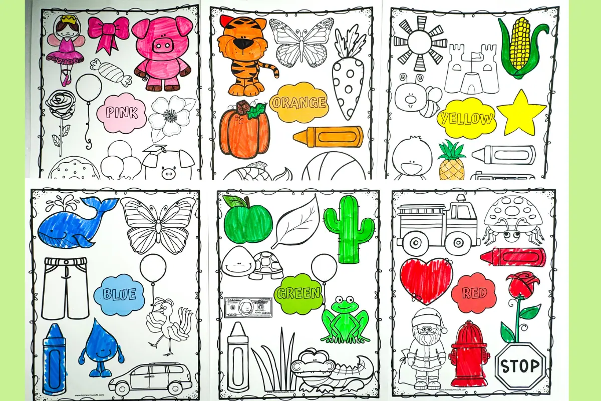 A colorful educational worksheet divided into sections by color: Pink shows a girl and a pig, orange displays a tiger and a pumpkin, yellow highlights a sunflower and corn, blue shows a whale and a butterfly, green features a cactus and a frog, and red showcases a firetruck and a ladybug. Each section is filled with assorted items representing the specific color.