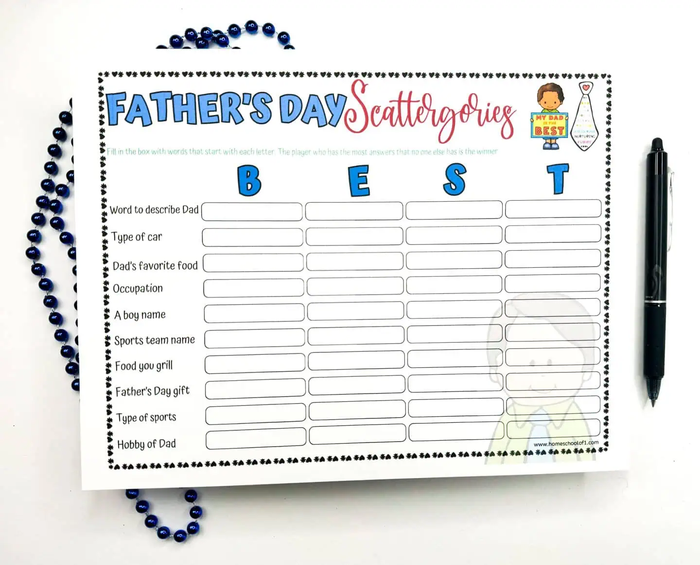 Fathers Day scattergories printable with the word BEST and lots of categories related to dad