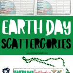 Four Earth Day Scattergories sheets filled with categories related to nature and conservation, presented alongside festive green and blue Mardi Gras beads, a green pen, and an hourglass