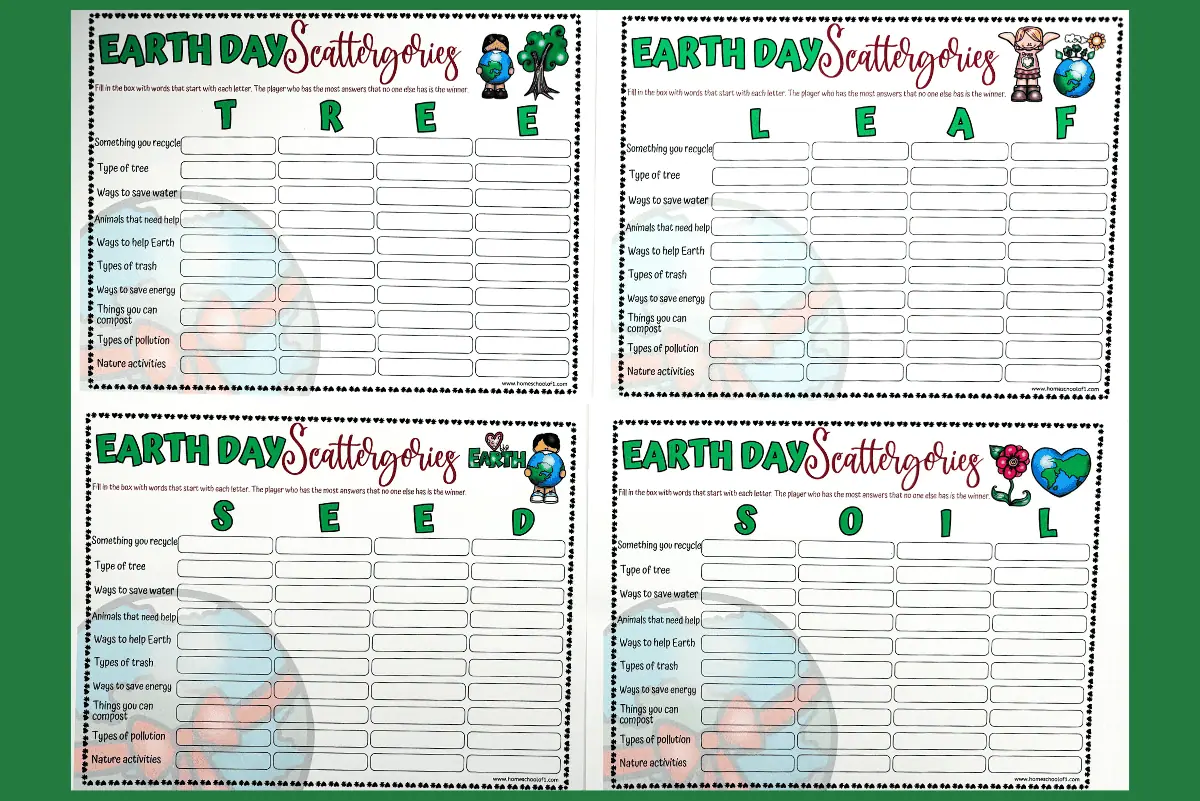 Printable Earth Day Scattergories worksheets featuring various green-themed categories such as 'Type of tree' and 'Ways to save energy', embellished with Earth Day clip art