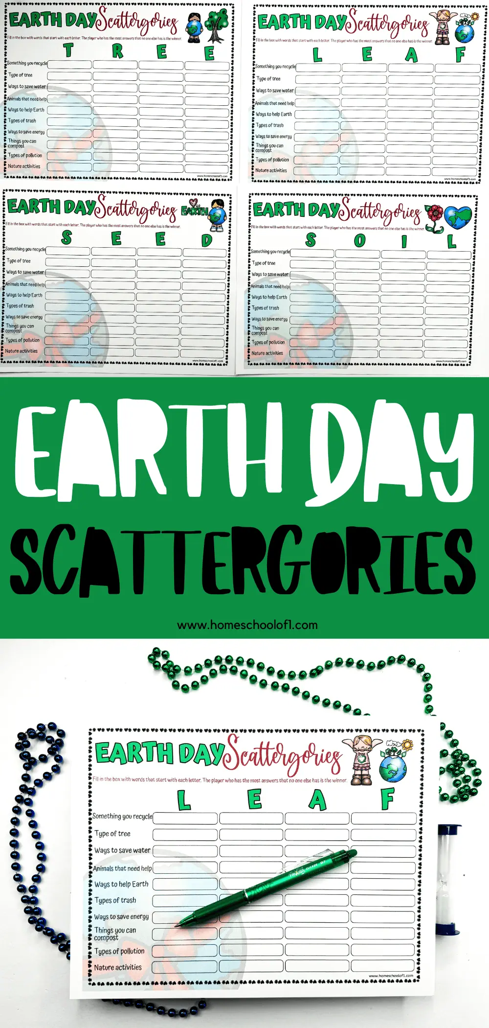 Four Earth Day Scattergories sheets filled with categories related to nature and conservation, presented alongside festive green and blue Mardi Gras beads, a green pen, and an hourglass