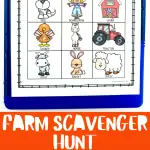 A colorful 'Farm Scavenger Hunt' free printable clipboard with cartoon images of farm animals and objects including a pig, chicken, cat, dog, scarecrow, barn, turkey, horse, tractor, goat, rabbit, and sheep, with children holding farm animals