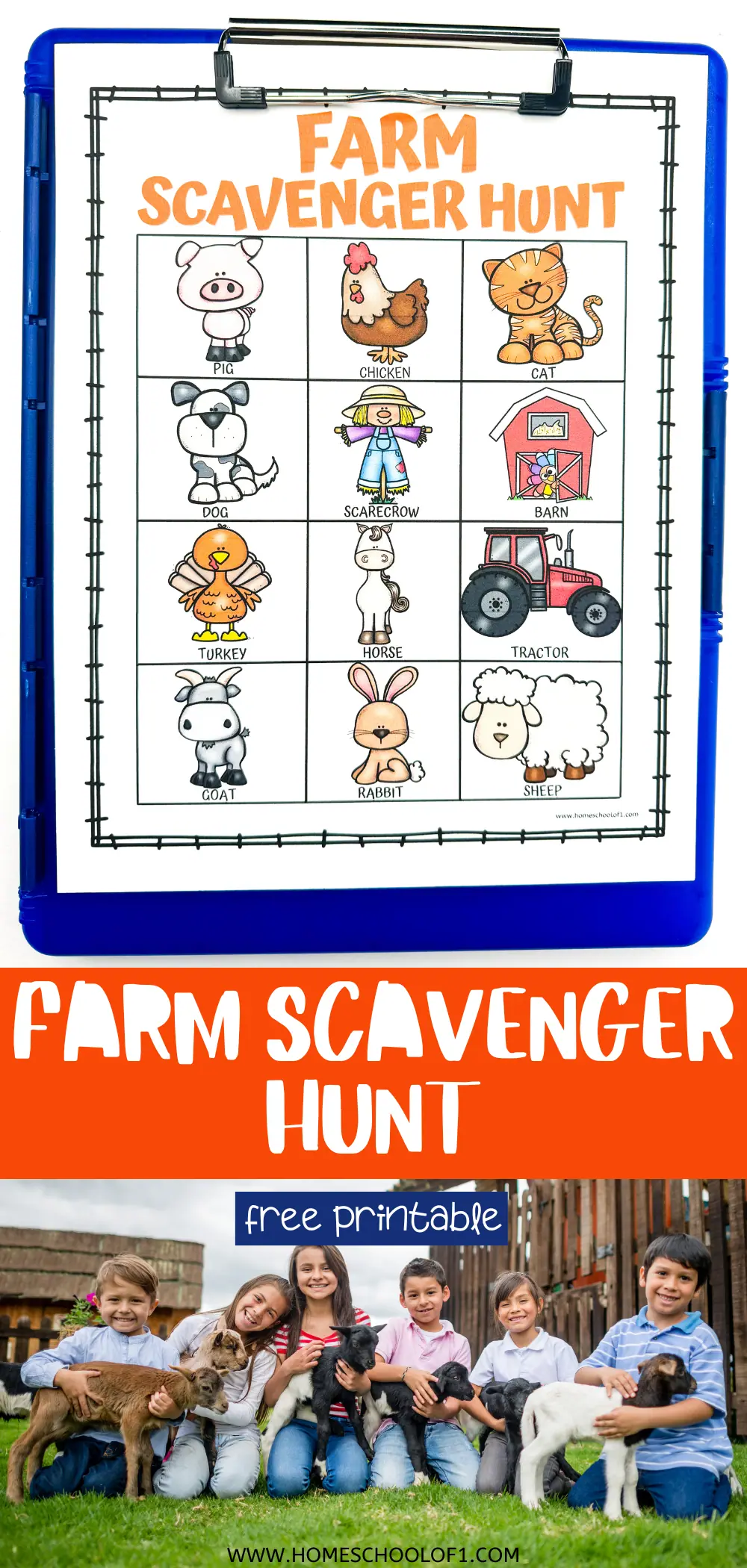 A colorful 'Farm Scavenger Hunt' free printable clipboard with cartoon images of farm animals and objects including a pig, chicken, cat, dog, scarecrow, barn, turkey, horse, tractor, goat, rabbit, and sheep, with children holding farm animals