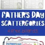 This image shows multiple Father's Day Scattergories boards, each titled with a different word like "Hero," "Best," "Care," and "Love." The boards have prompts to fill in answers about fathers, like their favorite food, type of car, and hobbies.