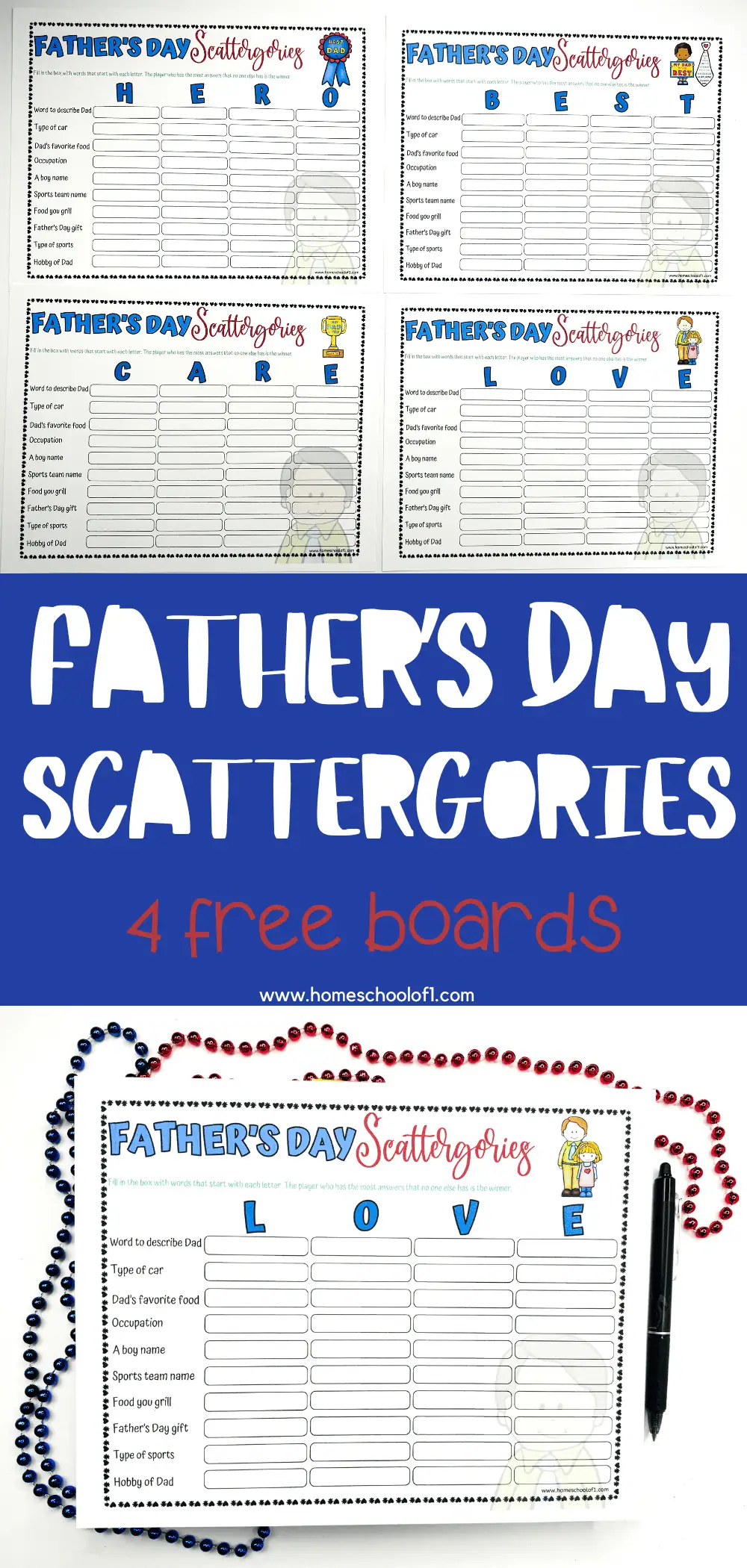 This image shows multiple Father's Day Scattergories boards, each titled with a different word like "Hero," "Best," "Care," and "Love." The boards have prompts to fill in answers about fathers, like their favorite food, type of car, and hobbies.