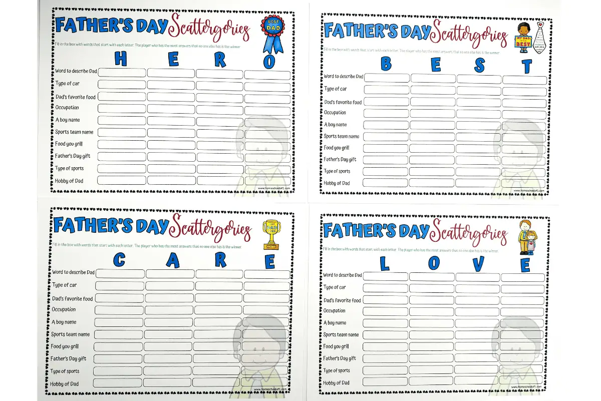 This image showcases multiple game boards for a Father's Day Scattergories game. The boards have different themes related to dads, such as "hero," "best," "care," and "love." Each board contains lists to fill in with words describing Dad, his hobbies, favorite foods, sports, and more.