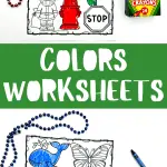 This image features educational coloring worksheets with various objects grouped by color categories such as pink, orange, yellow, blue, green, and red. Each color category includes items like a pink pig and a red heart, all outlined for coloring.