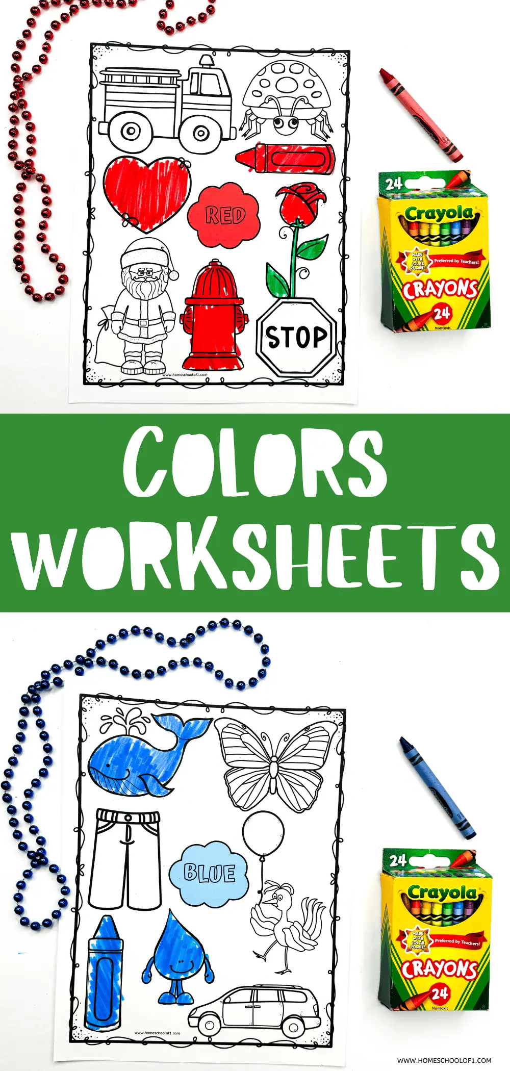 This image features educational coloring worksheets with various objects grouped by color categories such as pink, orange, yellow, blue, green, and red. Each color category includes items like a pink pig and a red heart, all outlined for coloring.