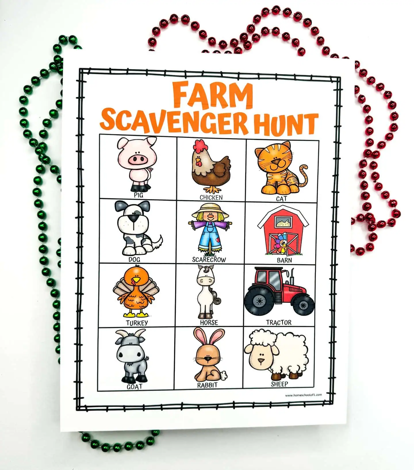 Engaging 'Farm Scavenger Hunt' printable surrounded by festive green and red beads, ideal for holiday-themed farm discovery games for young learners