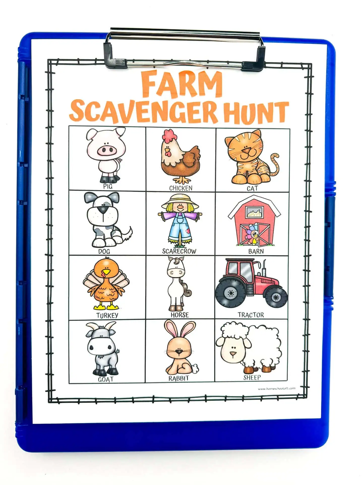 Downloadable 'Farm Scavenger Hunt' activity sheet on a blue clipboard featuring adorable cartoon illustrations of farm animals and a barn, perfect for outdoor educational games with children.