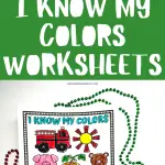 The image displays three worksheets designed to help children learn colors. Each worksheet features crayons and various objects like balloons and trucks, colored and labeled with names of the colors like red, blue, and green.