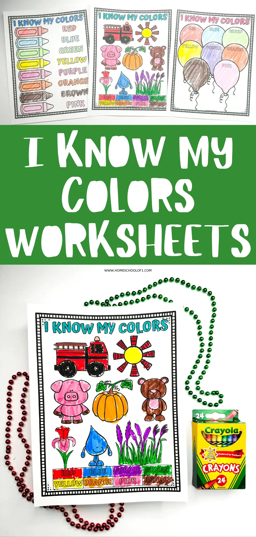 The image displays three worksheets designed to help children learn colors. Each worksheet features crayons and various objects like balloons and trucks, colored and labeled with names of the colors like red, blue, and green.