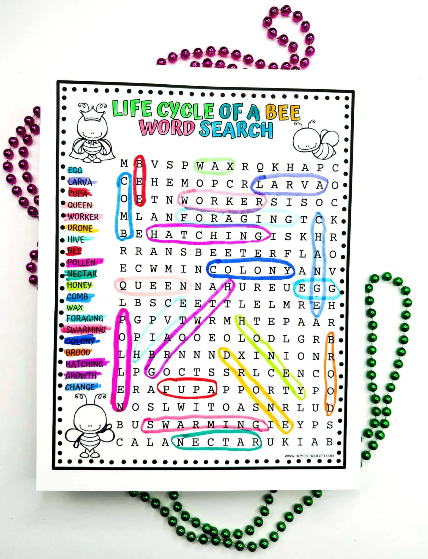 A word search worksheet titled 'Life Cycle of a Bee' with terms like 'LARVA', 'QUEEN', and 'NECTAR' highlighted in different colors, surrounded by pink beads.