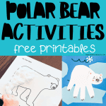 Collage of educational polar bear themed activities and printables for children, including a parts identification worksheet, a polar bear face craft, a cut-and-paste activity, a color by number page, and handwriting practice sheets, all designed to be free resources for homeschool or classroom settings