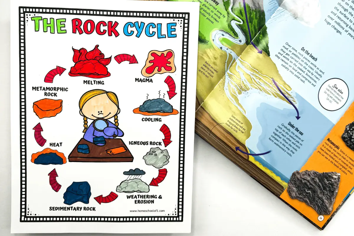 A 'Rock Cycle Coloring Page' on top of an educational geology book, providing a fun and interactive way for kids to learn about igneous, sedimentary, and metamorphic rocks through coloring activities.