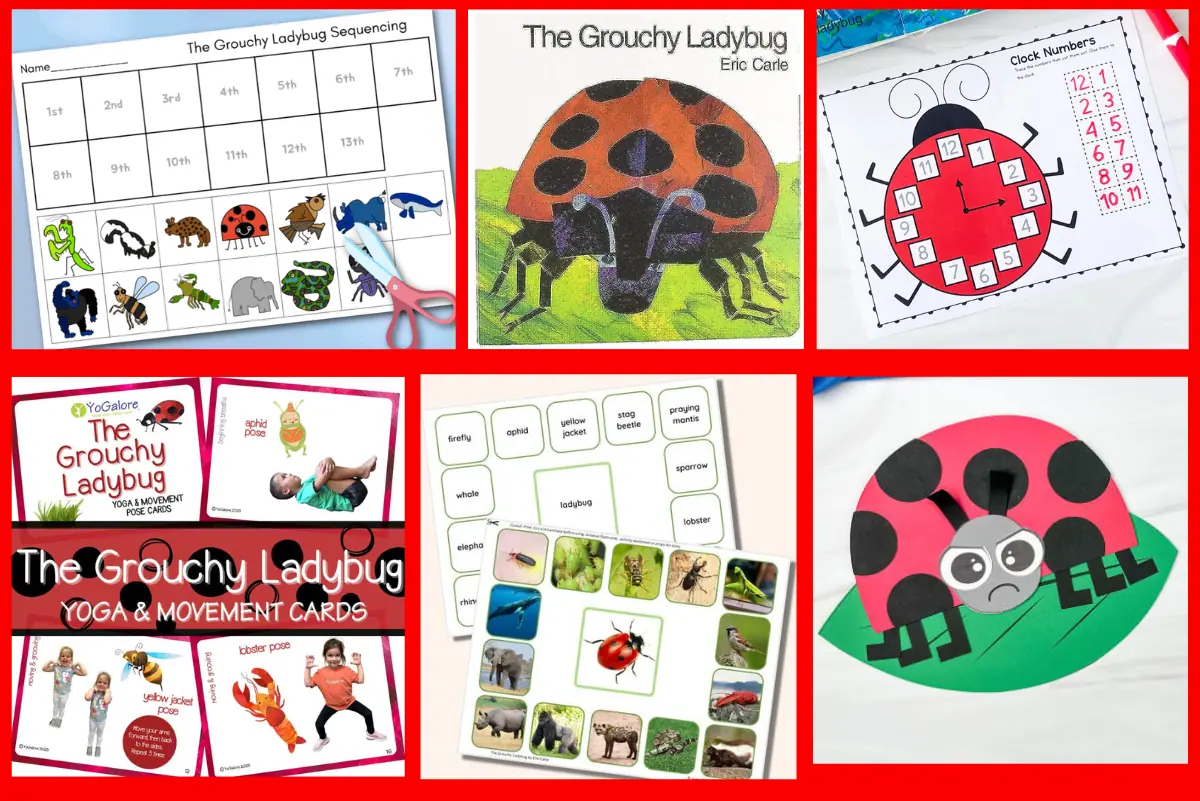 A collage of 'The Grouchy Ladybug' themed educational activities including sequencing cards, a ladybug clock craft, and yoga and movement cards for kids.