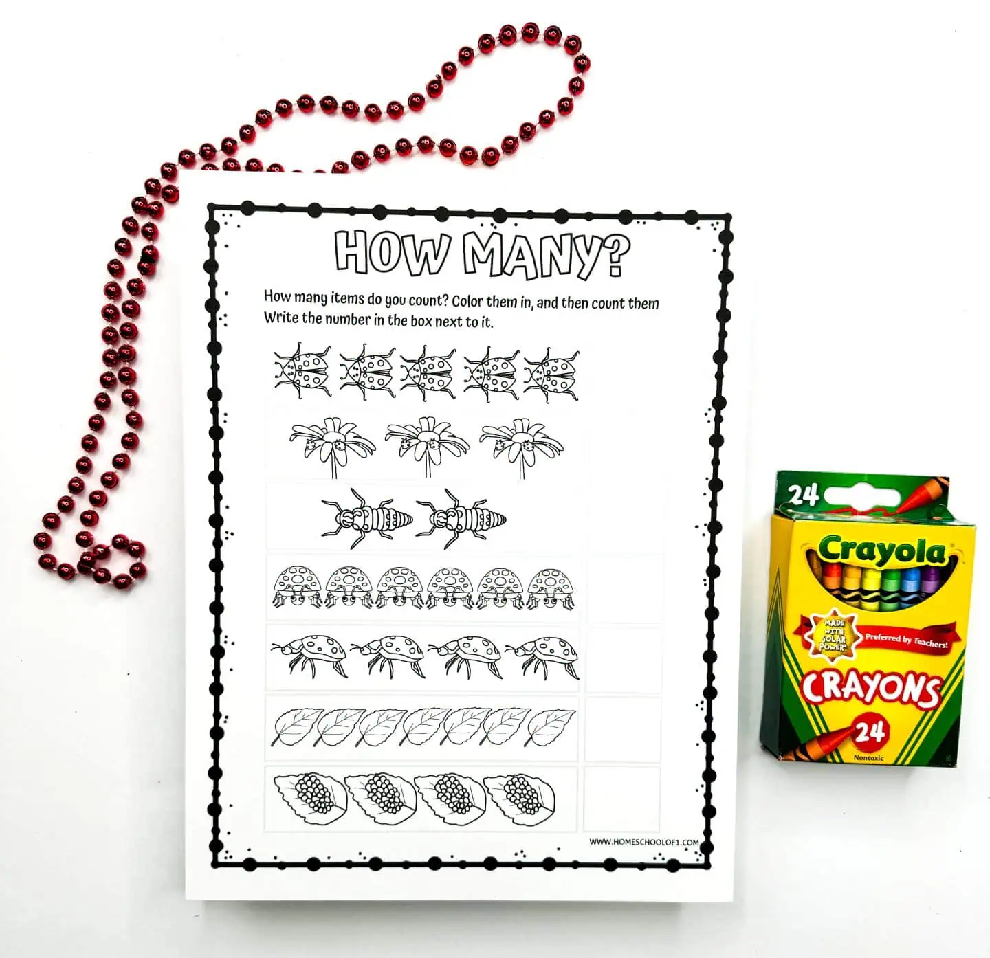 Educational worksheet titled 'How Many?' featuring rows of insects and leaves for children to color and count, with blank boxes for number entry, accompanied by a pack of Crayola crayons and a string of red beads.