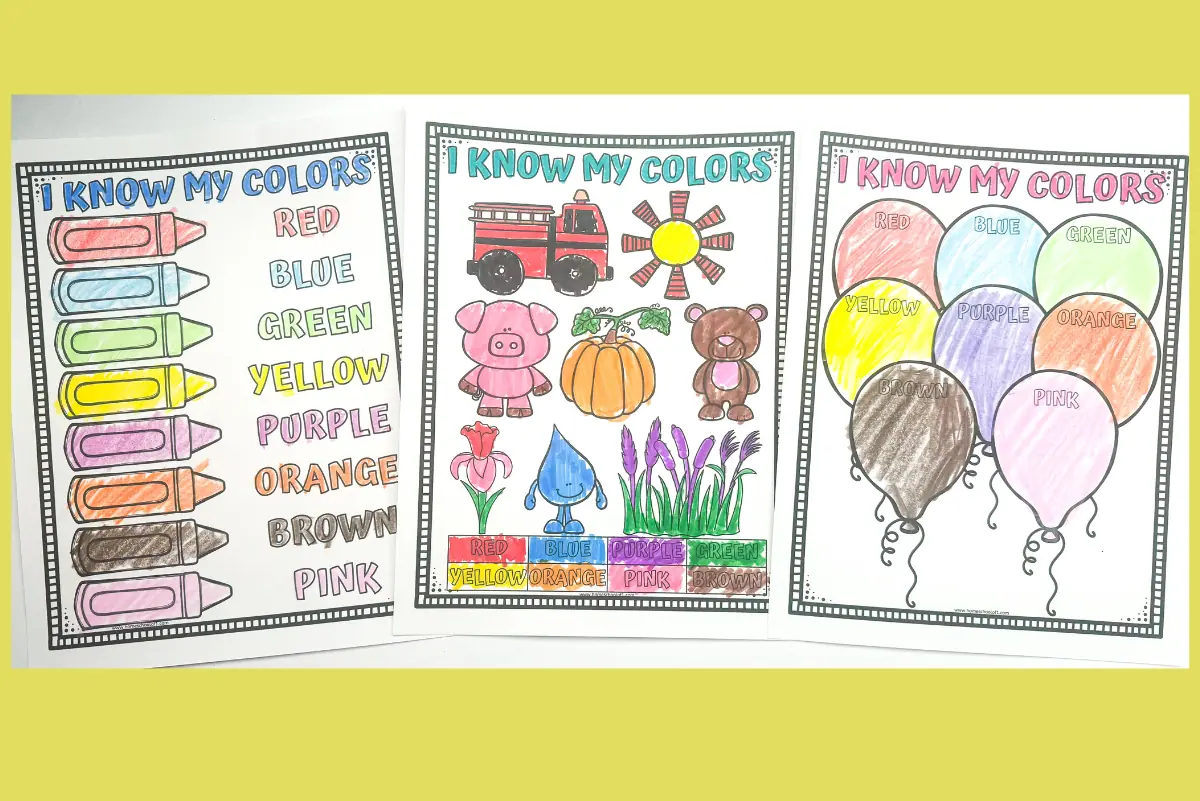 Educational worksheets for learning colors, each titled 'I Know My Colors'. They display crayons and various objects to color, including a firetruck, sun, bear, and balloons, corresponding to the colors listed such as red, blue, and yellow.