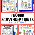 'Indoor scavenger hunt printable sheets for educational and museum themes displayed on clipboards.