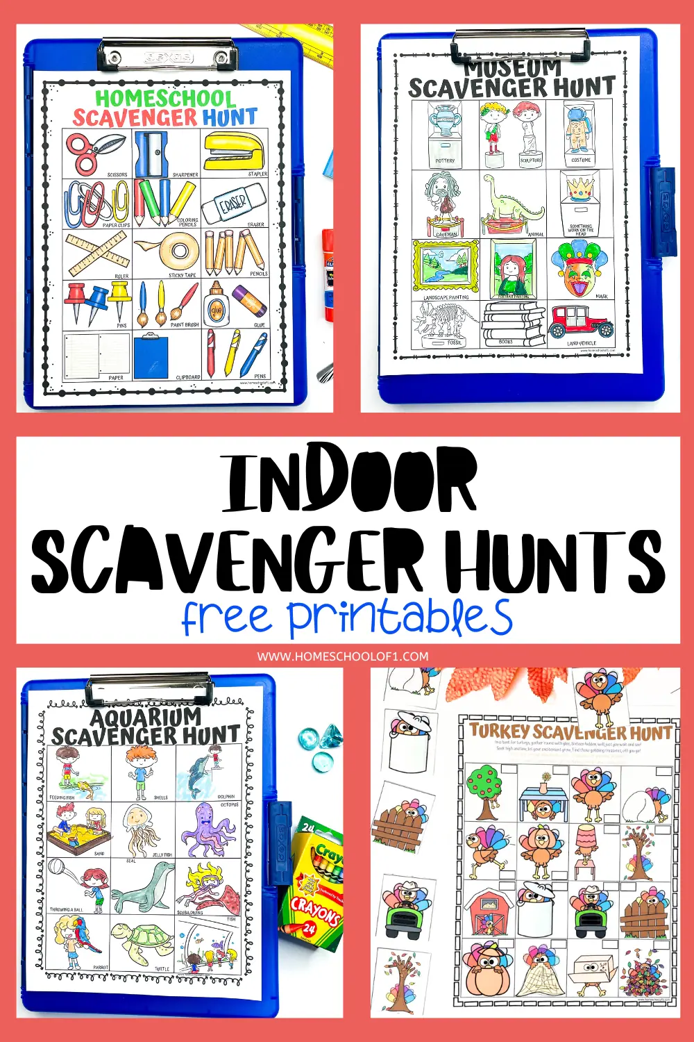 'Indoor scavenger hunt printable sheets for educational and museum themes displayed on clipboards.