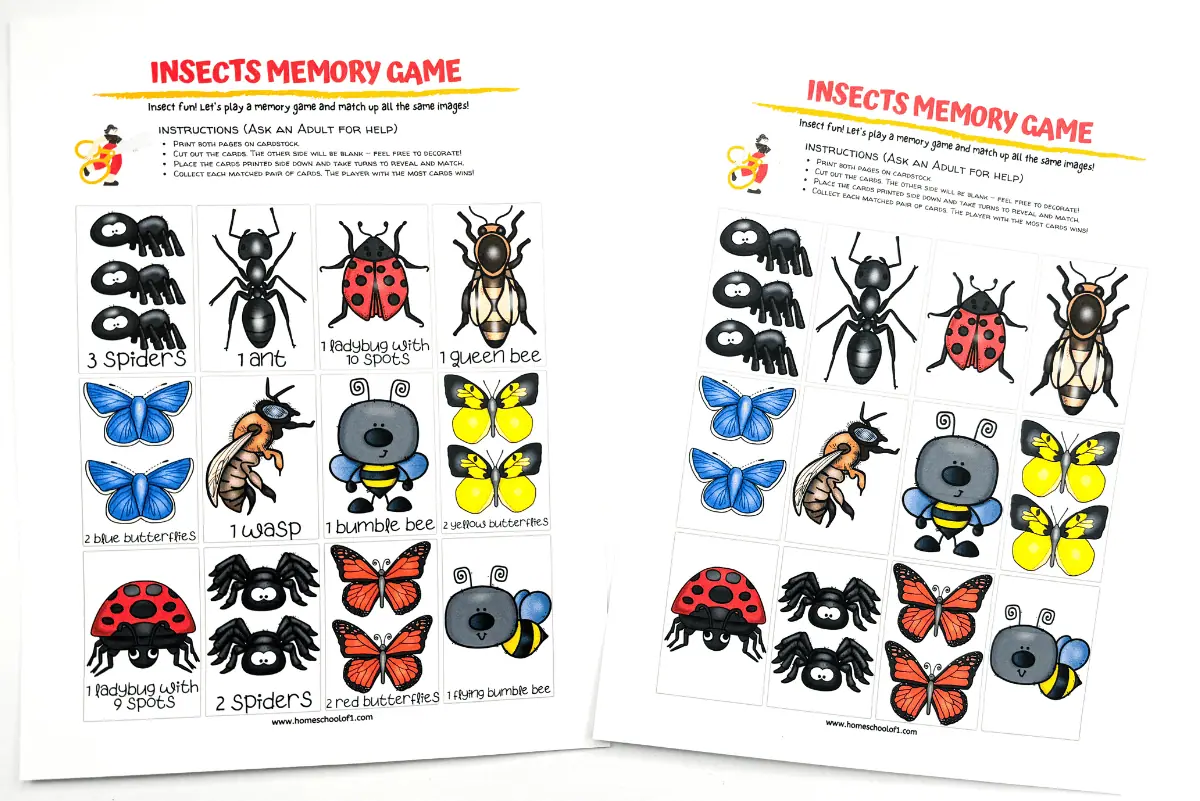 This image contains insect-themed cards and a word scramble game. It features a memory card game with cartoon illustrations of insects like bumblebees, spiders, ladybugs, and butterflies.