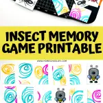 The image displays several cut-out memory cards with insect illustrations on a cutting board. The cards have drawings of various insects like bumblebees, ants, and spiders. There are also bright swirly patterns as backgrounds.