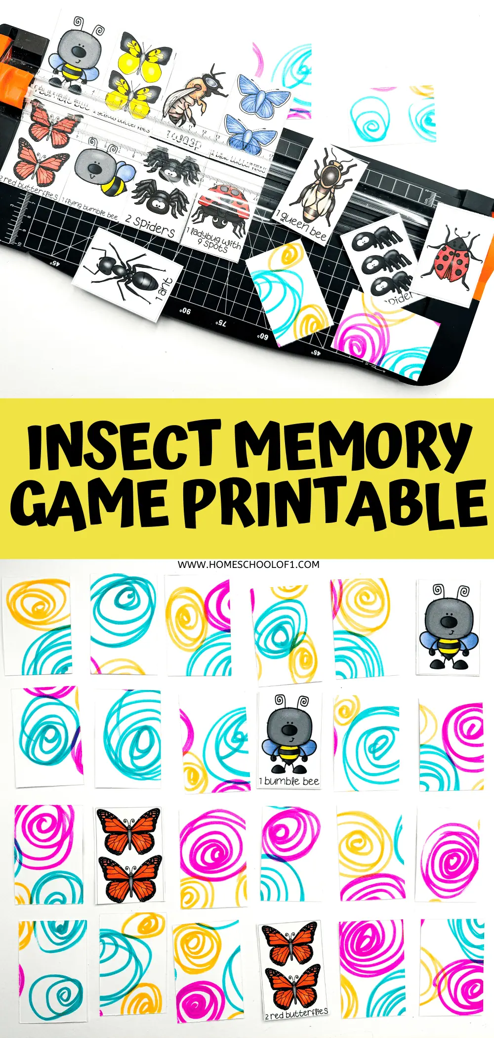 The image displays several cut-out memory cards with insect illustrations on a cutting board. The cards have drawings of various insects like bumblebees, ants, and spiders. There are also bright swirly patterns as backgrounds.