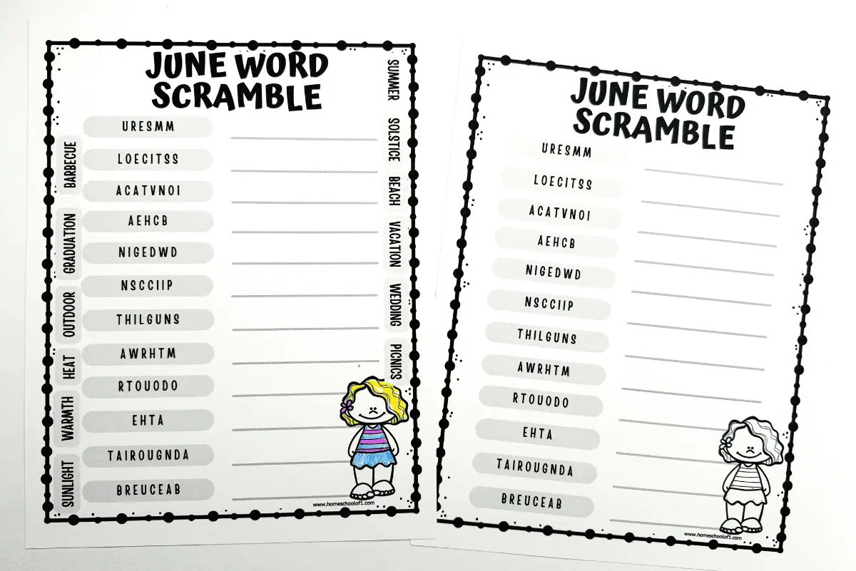 This image contains 2 word scramble games themed around June. Words like "summer," "solstice," "vacation," and "beach" are listed, and players must unscramble the letters to complete the game.