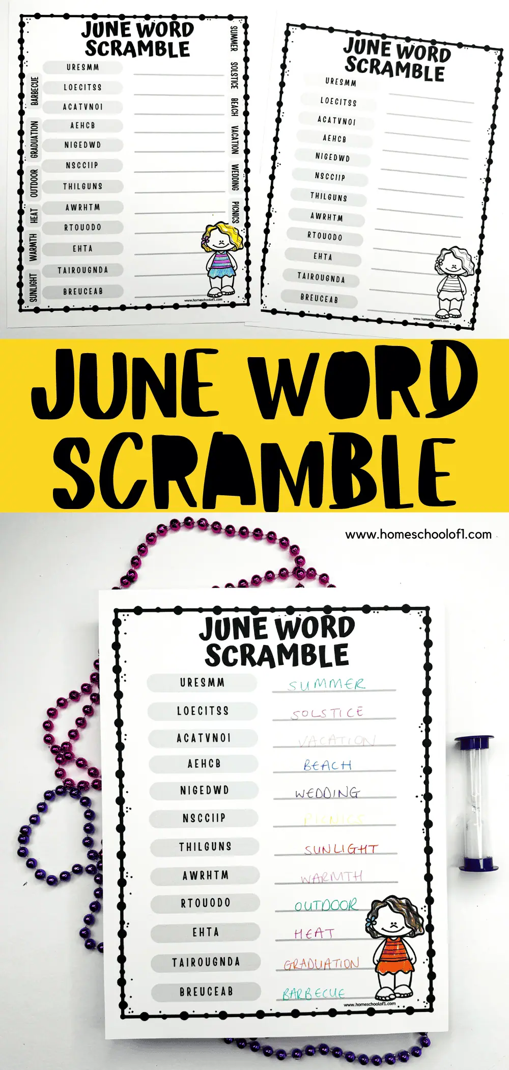 This image contains a word scramble game sheet themed around June. Words like "summer," "solstice," "vacation," and "beach" are listed, and players must unscramble the letters to complete the game.

