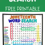 Juneteenth themed word search printable featuring key terms like 'Freedom', 'Heritage', and 'Emancipate' highlighted in a variety of colors, emphasizing the significance of the holiday.