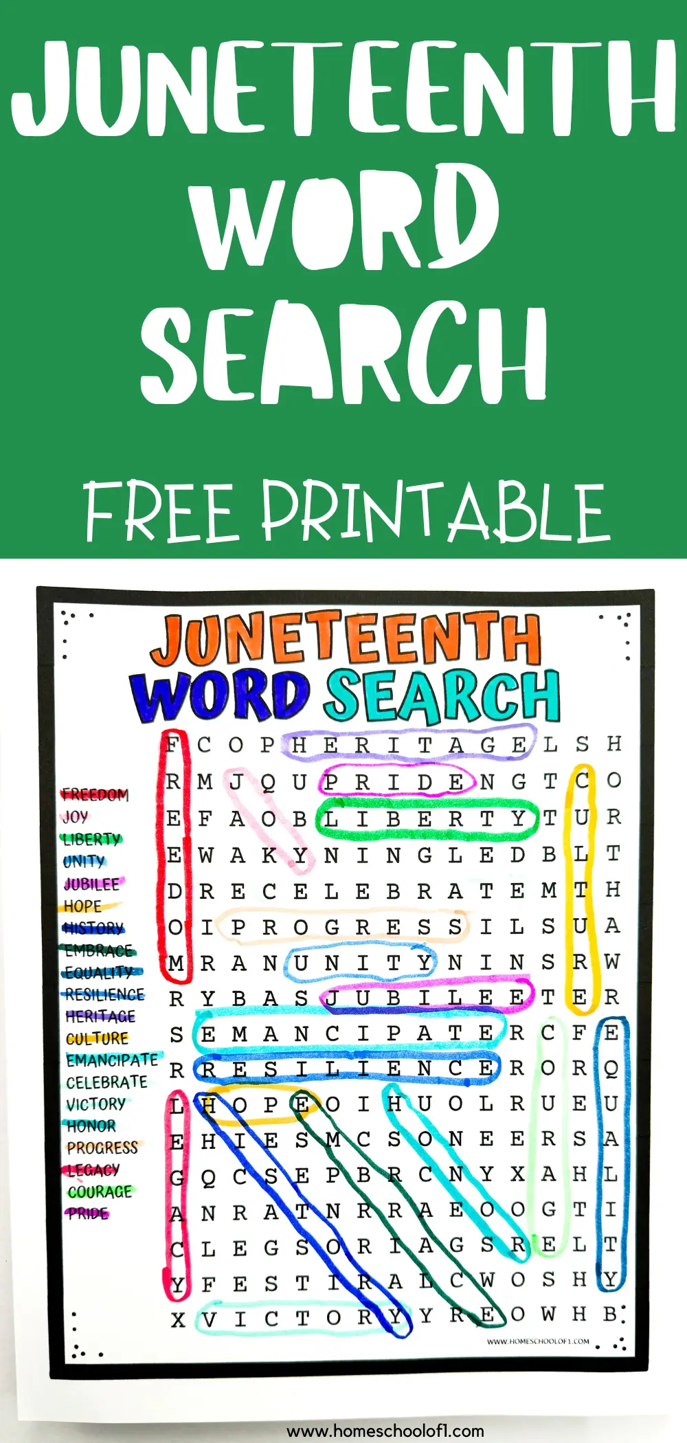 Juneteenth themed word search printable featuring key terms like 'Freedom', 'Heritage', and 'Emancipate' highlighted in a variety of colors, emphasizing the significance of the holiday.