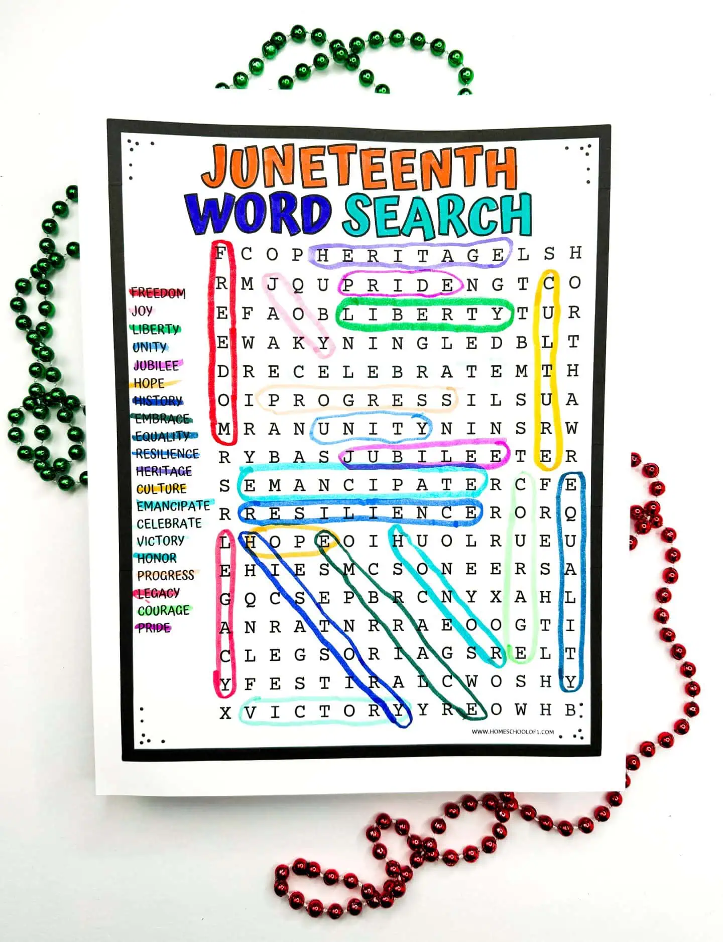 Juneteenth-themed word search puzzle on a printable worksheet with terms like 'Freedom', 'Heritage', and 'Equality' highlighted in vibrant colors, surrounded by decorative beads symbolizing celebration and education