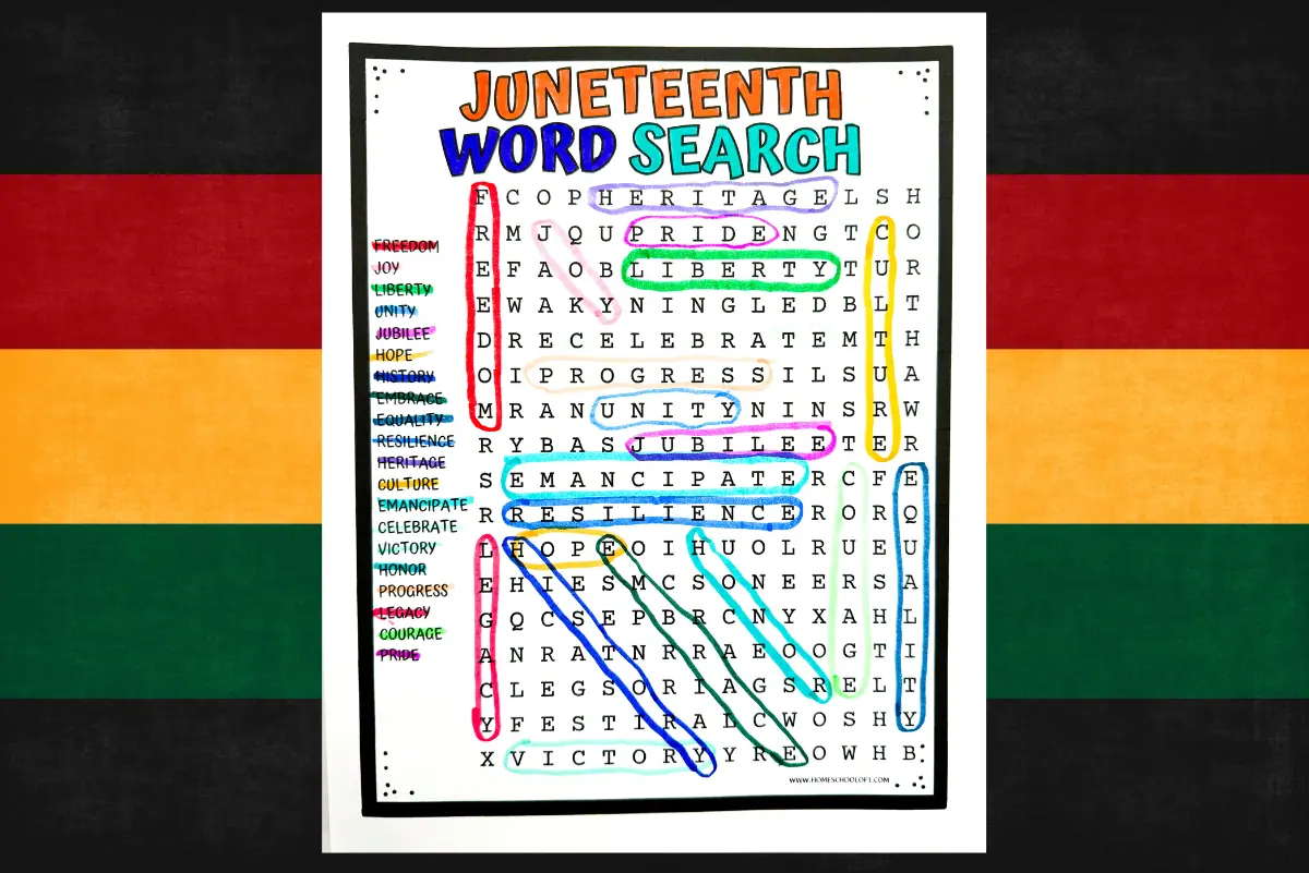 Juneteenth-themed word search worksheet with words such as 'Freedom', 'Heritage', and 'Unity' highlighted across a grid, presented on a background reflecting the Pan-African flag colors.