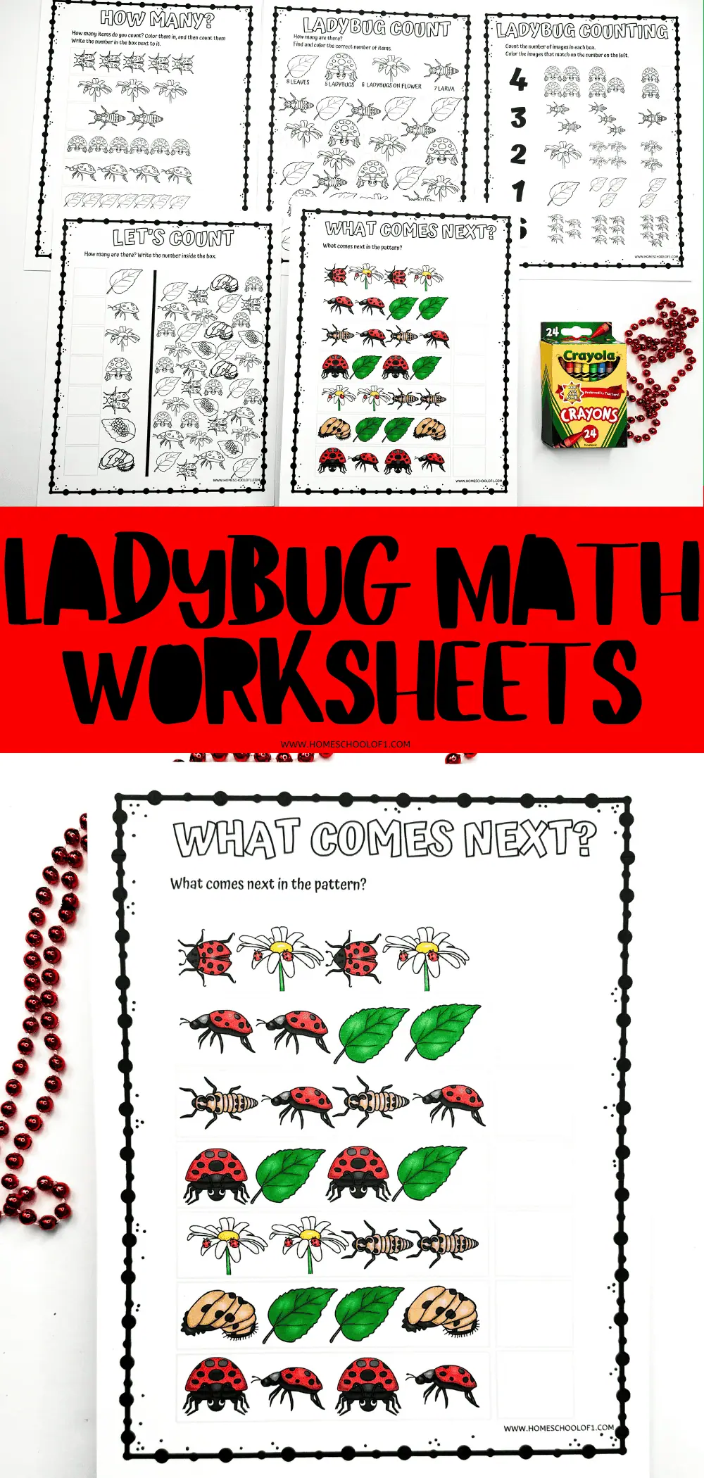 A collection of printable ladybug-themed math worksheets titled 'Ladybug Math Worksheets', with counting and sequencing activities, displayed alongside a string of red beads and a box of crayons.