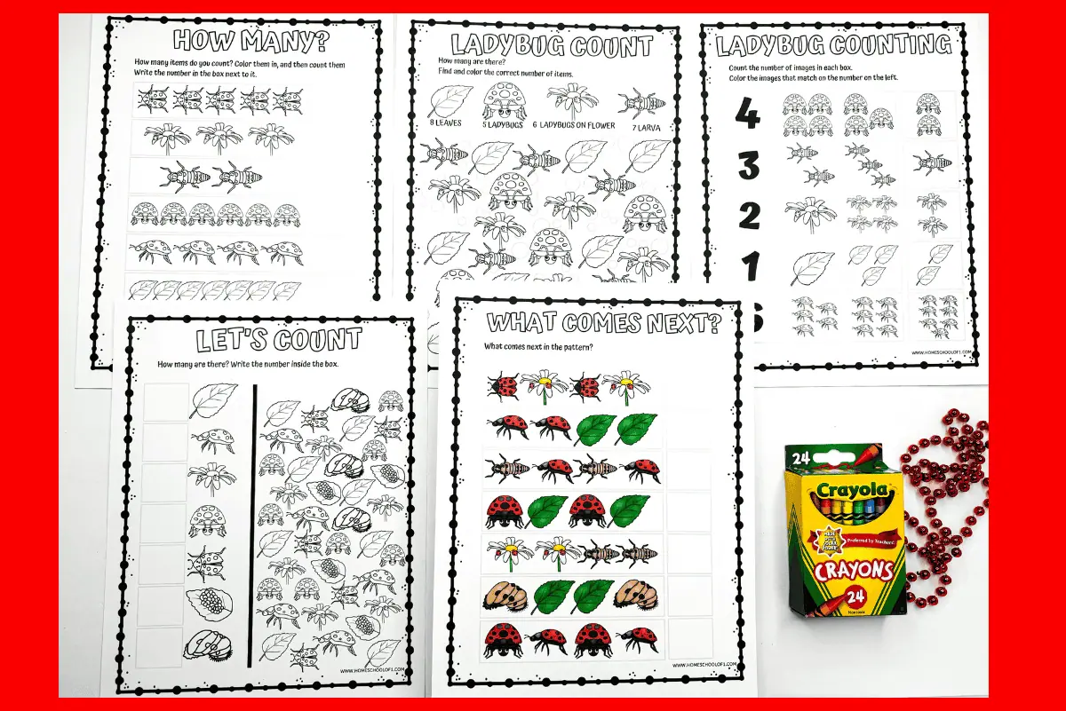 Educational activity sheets for children featuring a ladybug theme, with exercises for counting and pattern recognition such as 'How Many', 'Ladybug Count', 'Let's Count', and 'What Comes Next', accompanied by an image of a box of Crayola crayons and red beads.