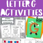 Educational printables and activities collage for teaching the letter 'G', with an array of worksheets, handprint artwork stating "G is for goose," and a paper craft representing "G is for Goat.