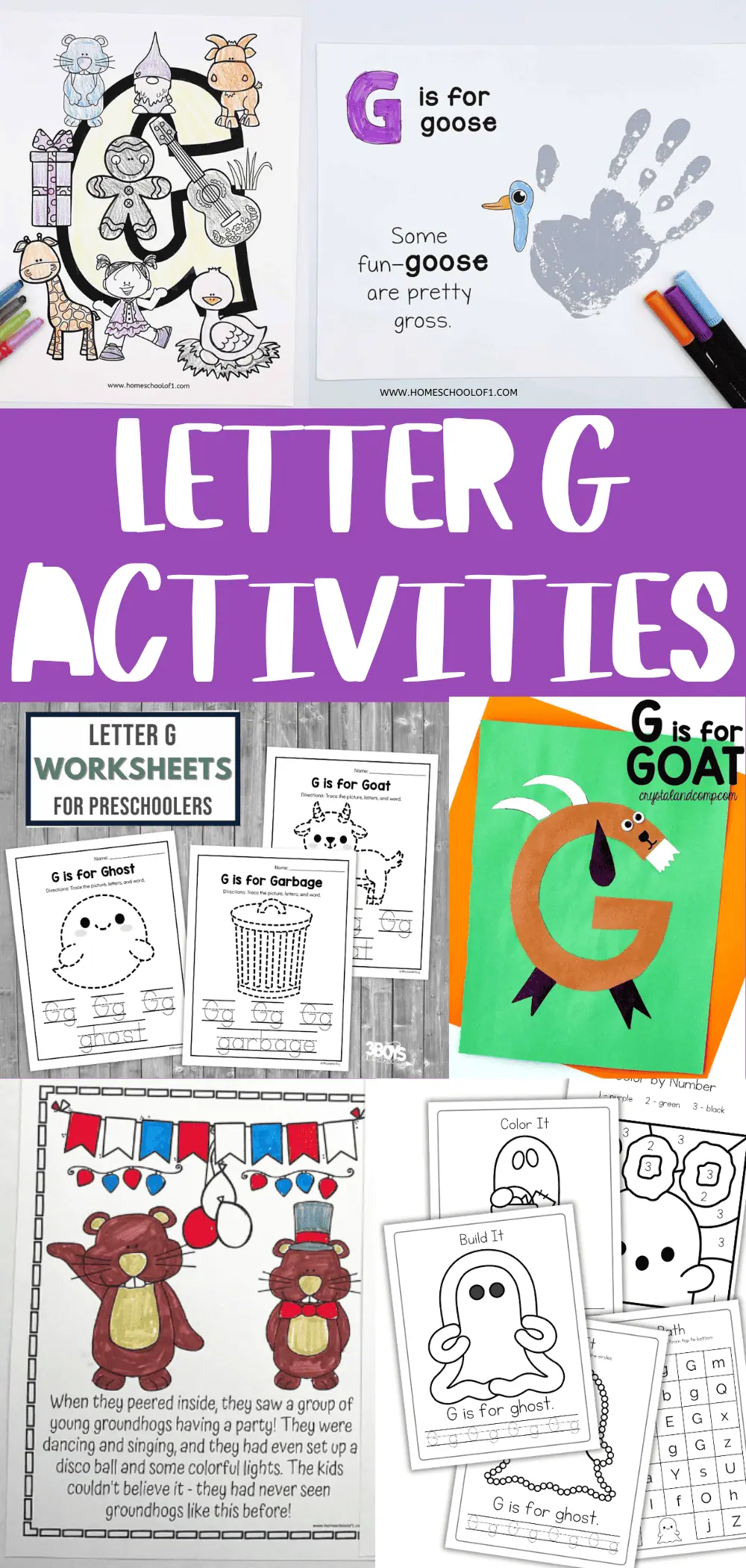 Educational printables and activities collage for teaching the letter 'G', with an array of worksheets, handprint artwork stating "G is for goose," and a paper craft representing "G is for Goat.