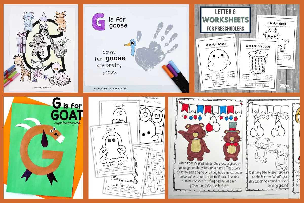 A collage of educational activities for the letter G; includes coloring pages with "G is for Ghost" and "G is for Garbage," a handprint art labeled "G is for goose," and a craft activity of a letter G turned into a goat.