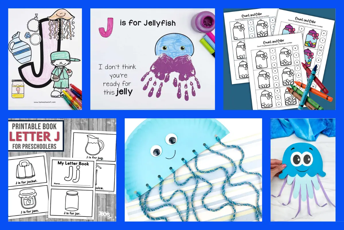 Collage of six educational activities for preschoolers focusing on the letter J, including coloring pages with 'J is for jellyfish' and 'J is for jug', a jellyfish craft with yarn tentacles, and a printable letter J book cover.