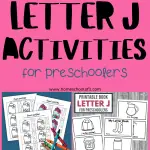 Pink-themed Pinterest pin titled 'LETTER J ACTIVITIES for preschoolers' featuring a collection of letter J educational printables and crafts, such as coloring sheets, a letter J booklet, and jellyfish art projects, from homeschoolof1.com.