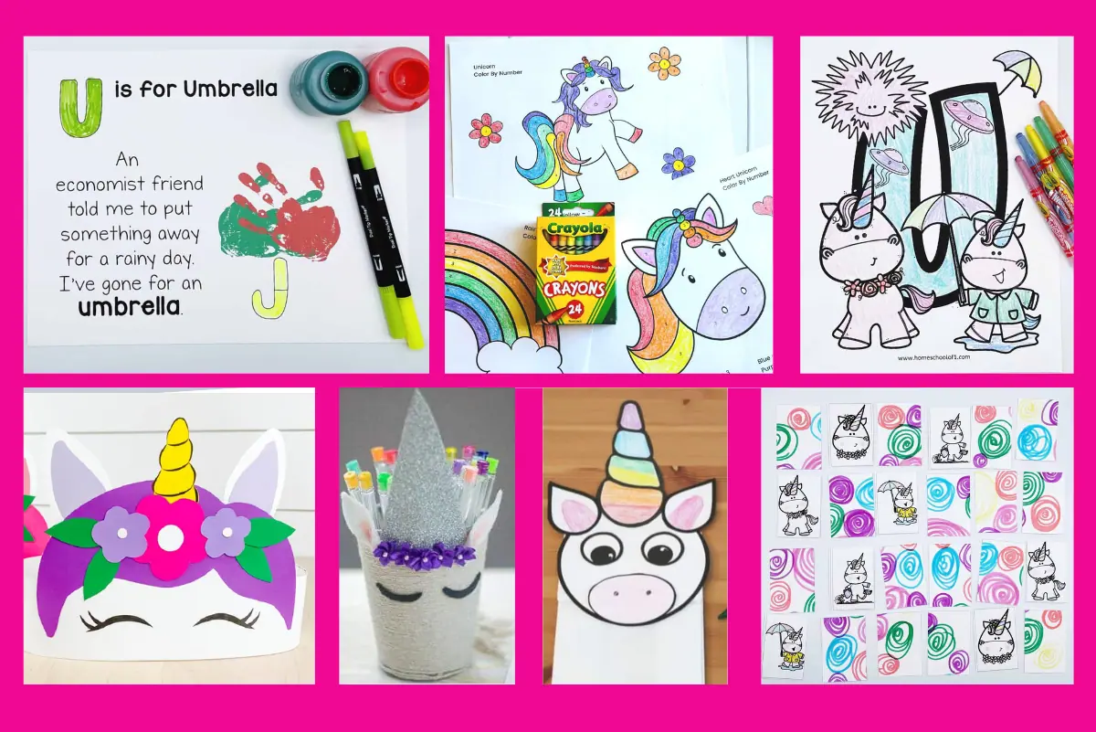 Collage of 'U is for Umbrella' themed crafts and coloring activities featuring handprint art and colorful unicorn worksheets, ideal for preschool letter U recognition and creative expression.